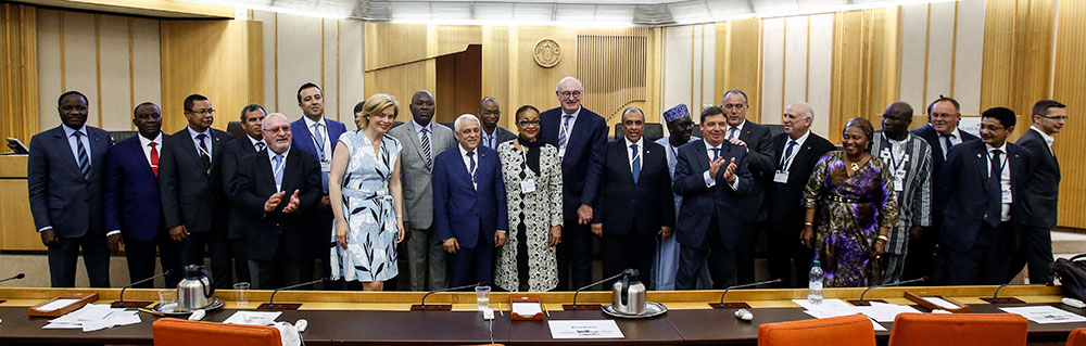 Group photo including EU Commissioner Hogan and AU Commissioner Sacko at the AU-EU Ministerial Conference in Rome