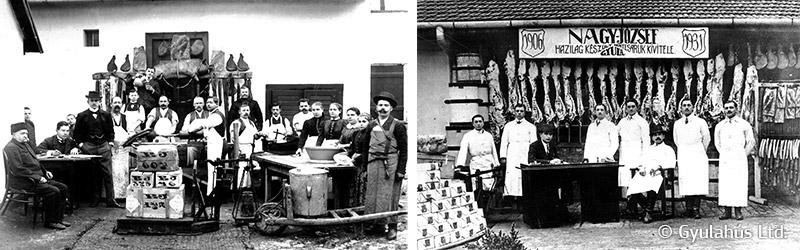 2 black and white photos of a group people outside a butchers shop