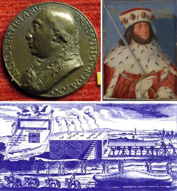Zleva nahoře ve směru hodinových ručiček: mince zobrazující papeže Inocence VIII., saský kurfiřt kníže Arnošt, pečení obrovské štóly v roce 1730.