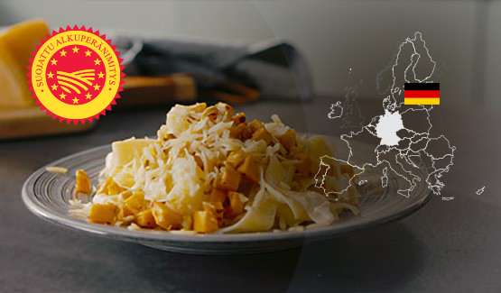 Pappardelle-pastaa bataatin kera, Allgäuer Bergkäse SAN -juustoa ja hasselpähkinöitä