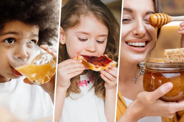 a child drinking a glass of juice, a child eating jam on toast, a person taking honey from a glass jar